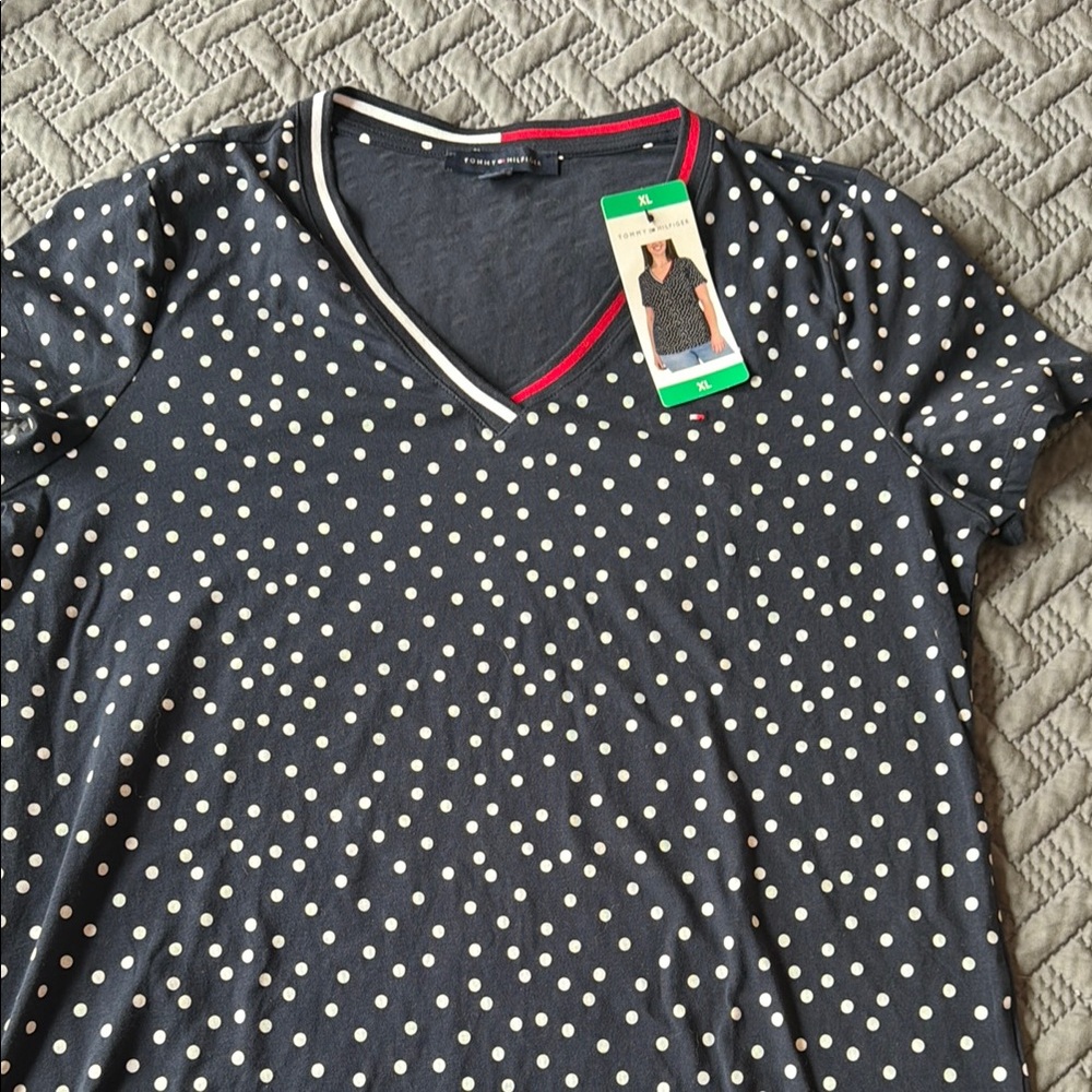 Tommy Hilfiger Navy Polka Dot V-Neck Tee with Trim